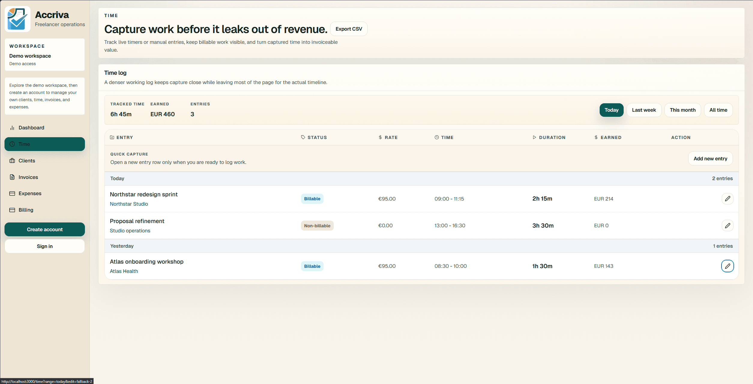 Accriva desktop workspace showing time tracking and invoice management
